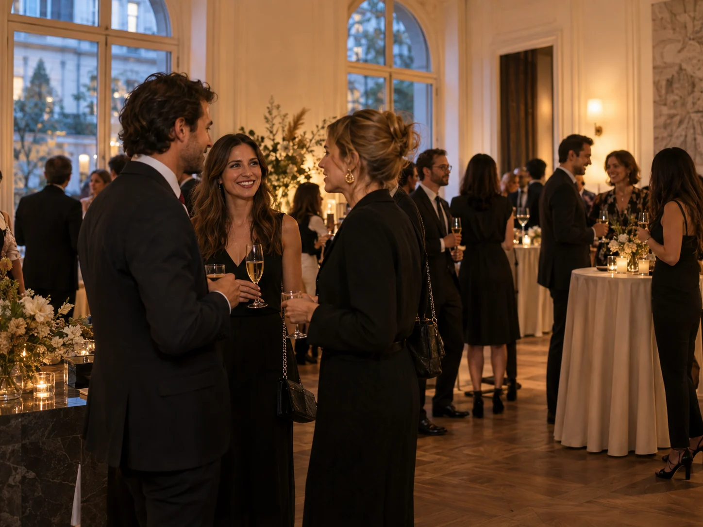 Invités échangeant autour d’un verre lors d’un cocktail dans un lieu élégant