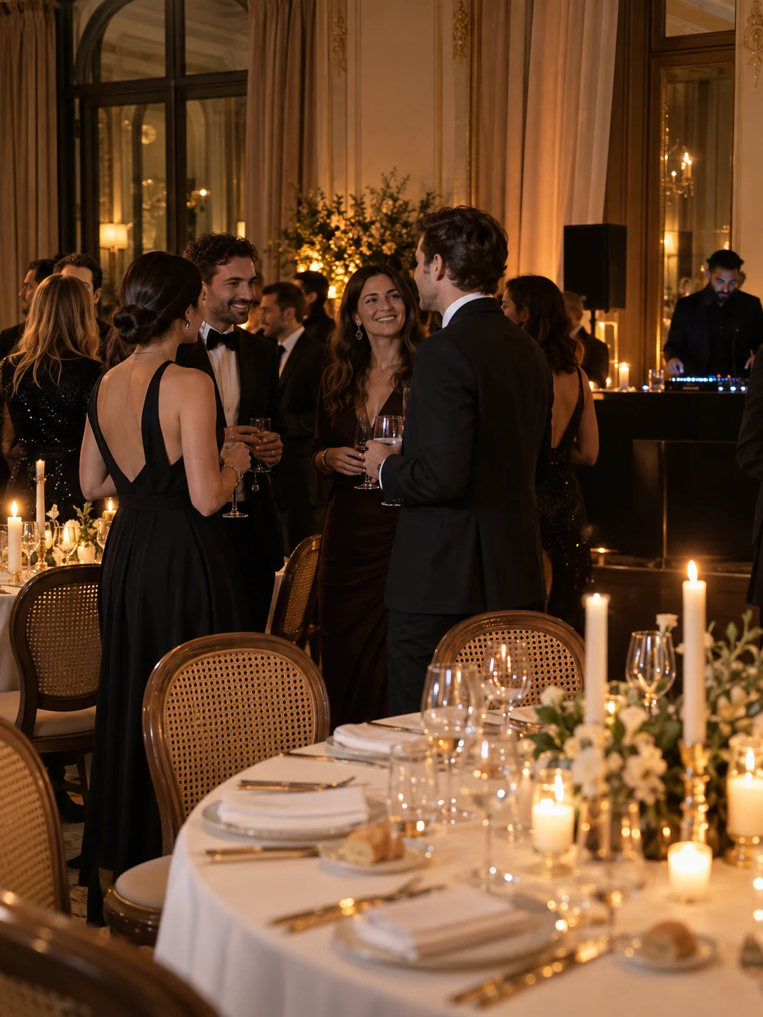 Invités échangeant pendant une réception d’entreprise en soirée, avec un DJ en arrière-plan