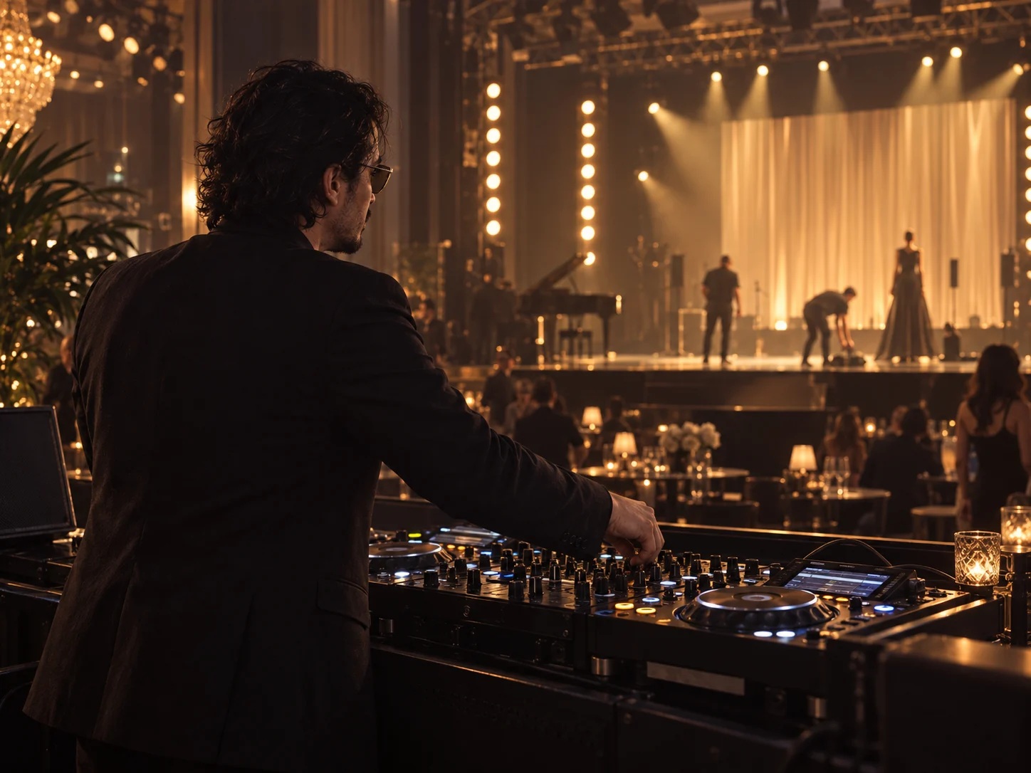 Alexis Liosha vu de dos à la régie DJ, face à une scène de cabaret en préparation
