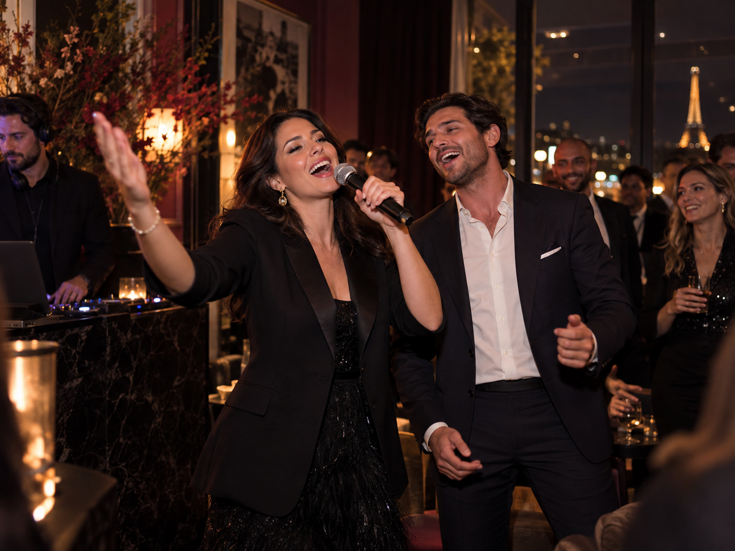 Une invitée chante au micro pendant une soirée d’entreprise à Paris